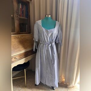 Striped Blue Button-Front Midi Dress with Tie Waist